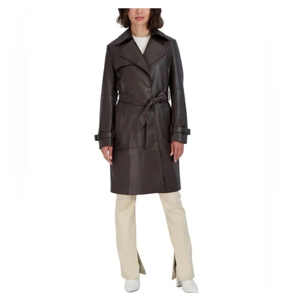 Tahari Elle Belted Vegan Leather Jacket in Cocoa